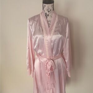 Morgan Taylor Pale Pink Satin Embroidered Robe with Belt